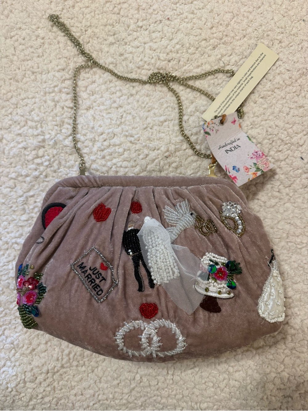Just Married Bridal Beaded  Bag Embroidered Pink Velvet Crossbody Bag